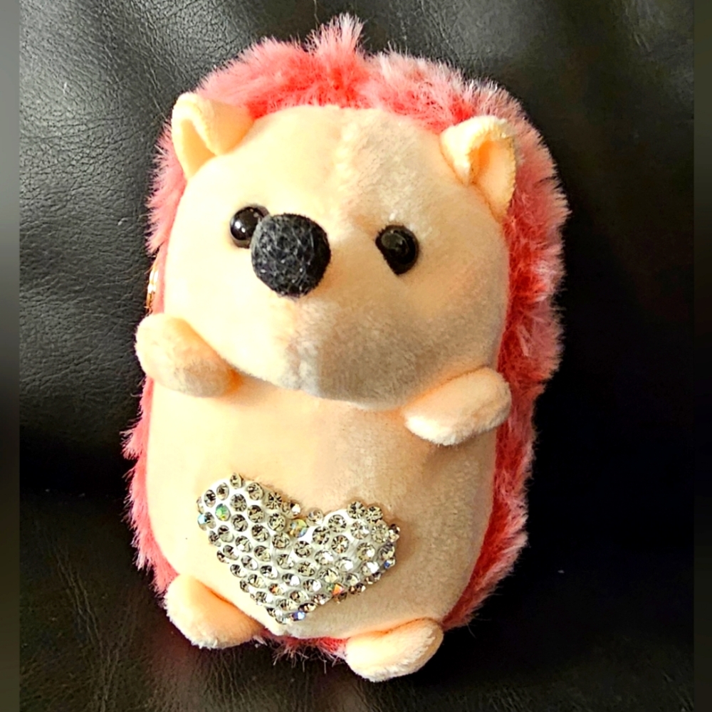 Plush Hedgehog Keychain Purse Charm Pink with Rhinestone Heart New Without Tags - Picture 1 of 7